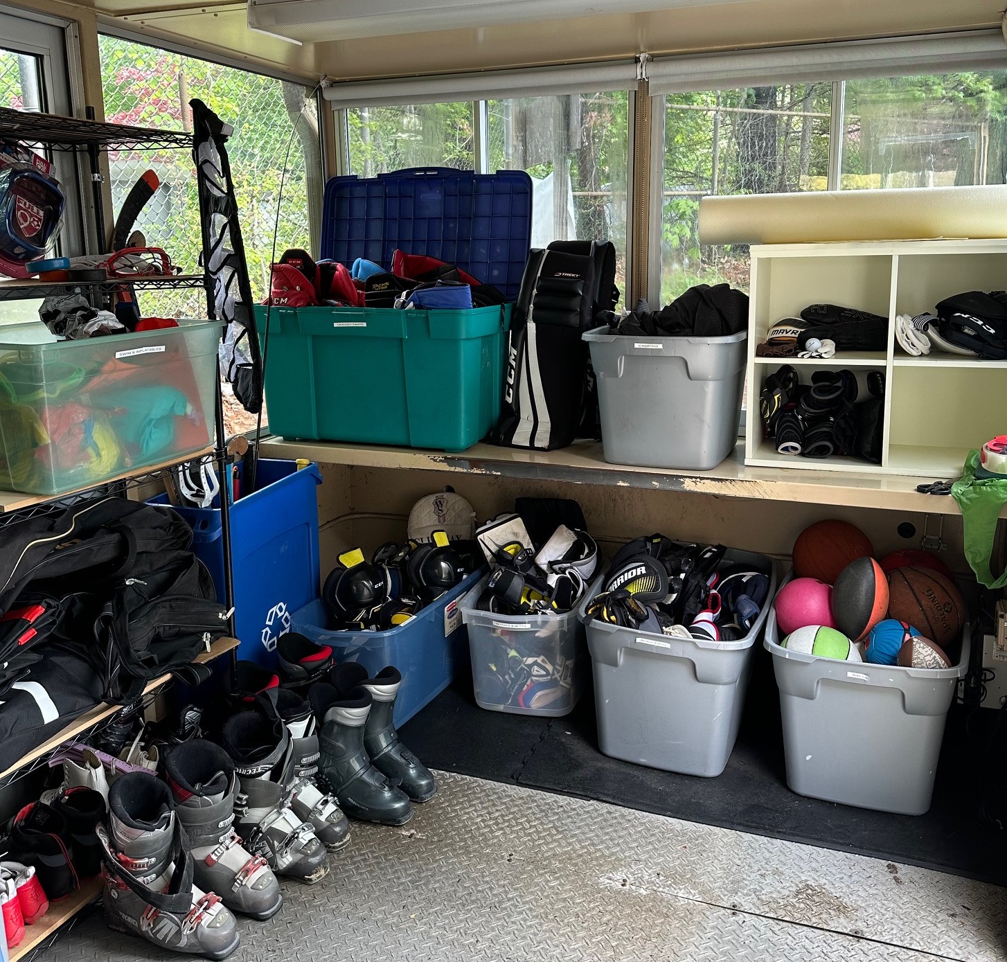 View of Swap Shop from entrance showing neat shelving and organization